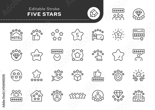 Five stars line icon set. Star, quality, rating, satisfaction, 5 stars, premium, excellence, feedback, rewiew, vip and more. Outline icon in linear style. Vector collection.	