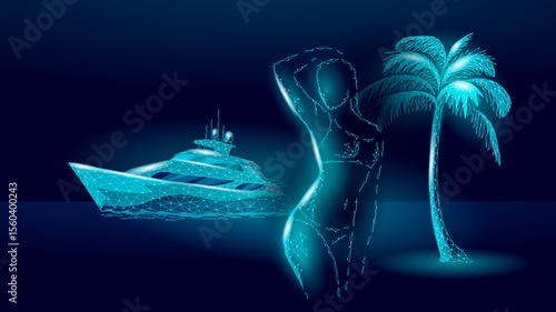 Polygonal luxury yacht woman palm tree illustration. Futuristic vacation escape leisure trip adventure art. Travel tourism relaxation destination lifestyle. Dark blue background blue low poly vector