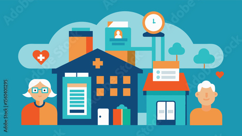A retirement community with a dedicated memory care unit designed to provide a safe and stimulating environment for individuals with dementia. The facility includes memory boxes. Vector illustration