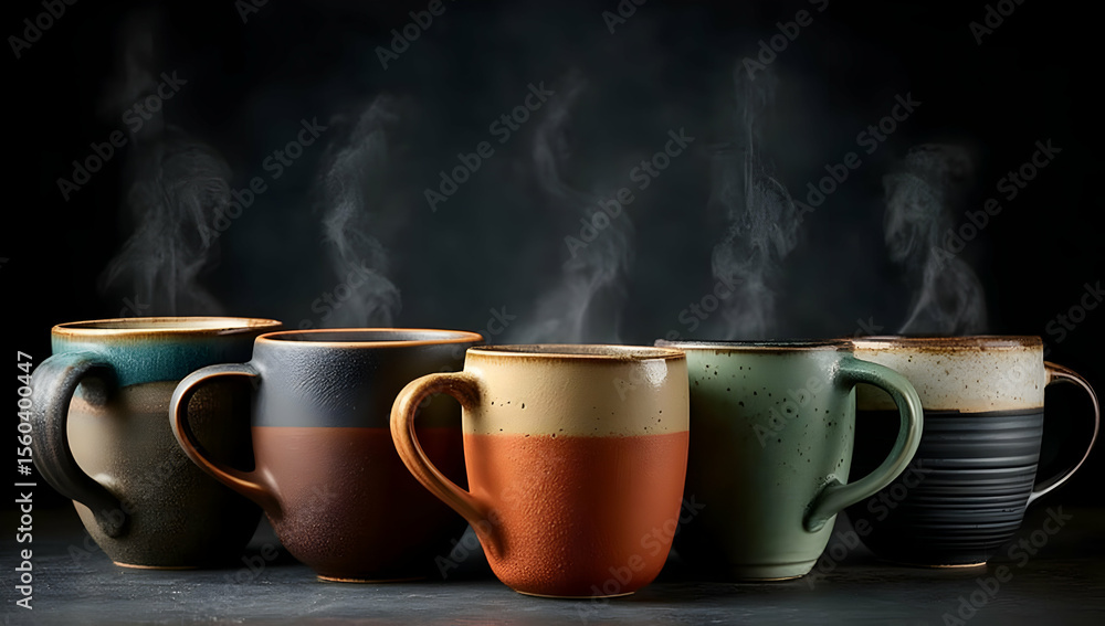 A collection of steaming ceramic mugs showcasing different colors and designs, perfect for coffee or tea enthusiasts. A collection of steaming ceramic mugs showcasing different colors and designs, perfect for coffee or tea enthusiasts.