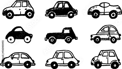 Artistic sketch of various black toy cars featuring different styles and sizes