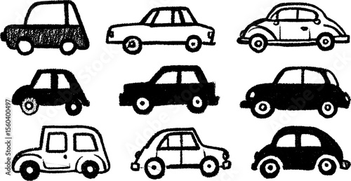 Hand drawn sketch of toy cars in various sizes with black crayon texture