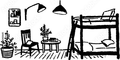 Cozy shared kids room with bunk beds and plants - interior design sketch