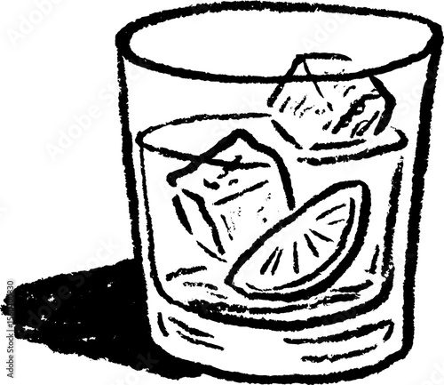 Hand drawn sketch of a tumbler with ice cubes and lime for beverage design concepts