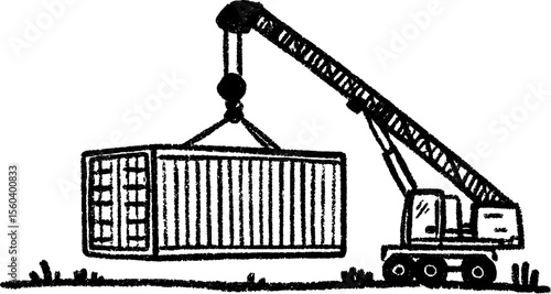 Shipping container lifted by crane sketch: industrial cargo handling