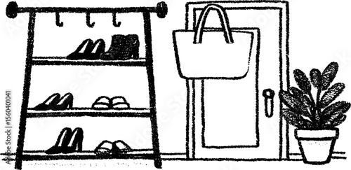 Minimalist entryway design with shoe rack and potted plant sketch for home decor inspiration