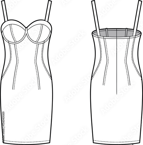Bodycon dress with bustier top, adjustable straps, panel seam detail, front and back view, technical flat cad vector illustration