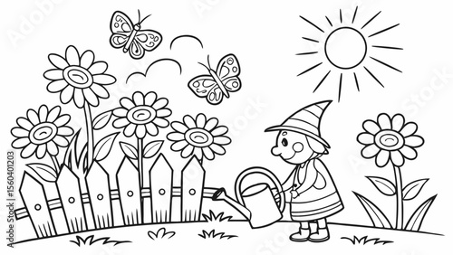 Line art coloring page, summer theme, a garden full of sunflowers and butterflies, a watering can, a garden gnome, bright sun, simple lines, no shading, black and white