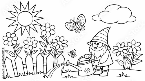 Line art coloring page, summer theme, a garden full of sunflowers and butterflies, a watering can, a garden gnome, bright sun, simple lines, no shading, black and white