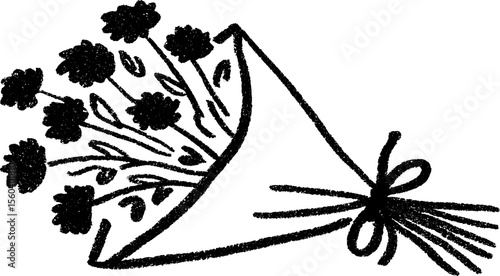 Hand-drawn floral bouquet wrapped in paper with artistic sketch lines for decoration