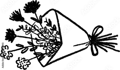 Hand drawn sketch of a small flower bouquet wrapped in paper