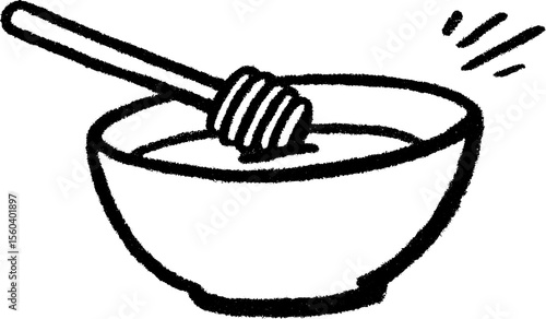 Hand drawn sketch of a small bowl of honey with wooden dipper