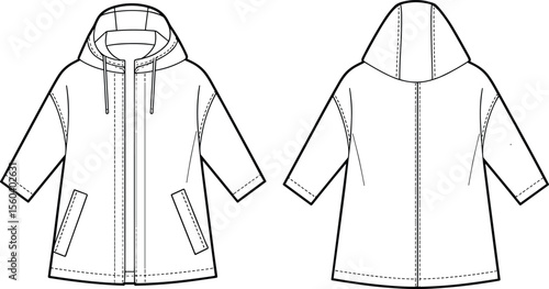 Flat technical sketch of short sleeve hooded rain jacket with zipper, front back view, casual style, fashion vector cad drawing
