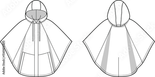 Flat technical sketch of hooded rain poncho with drawstring, front and back view, casual outerwear design, vector cad fashion illustration