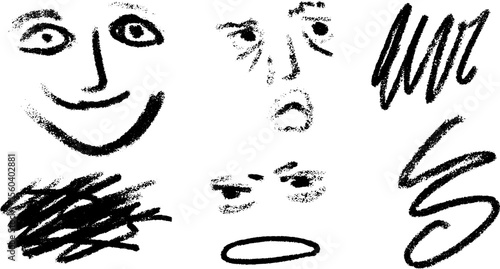 Expressive sketch of emotions: smiling, sad, surprised faces for creative design