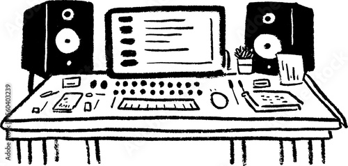 Creative sound engineers booth with knobs and console sketch for design