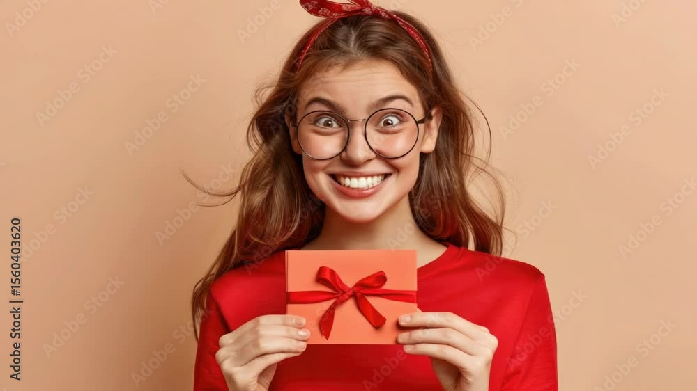 A woman holds a red gift wrapping paper with a festive atmosphere A woman holds a red gift wrapping paper with a festive atmosphere