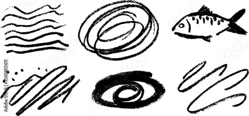 Artistic hand-drawn splash waves and ripple circles with fish and abstract shapes