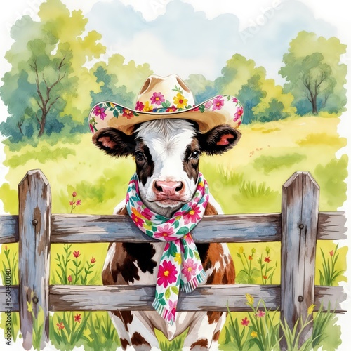 A cow wearing a colorful floral hat and scarf stands behind a wooden fence, adding a whimsical touch to the sunny countryside scene 