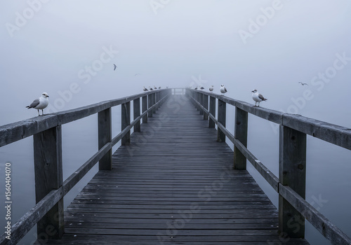 Tranquil Pier Leading into Foggy Lake with Seabirds Perched on Posts in Minimalist Monochrome Morning Light
