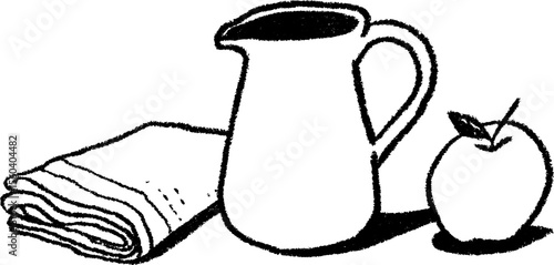 Rustic still life sketch with ceramic jug and apple for art projects