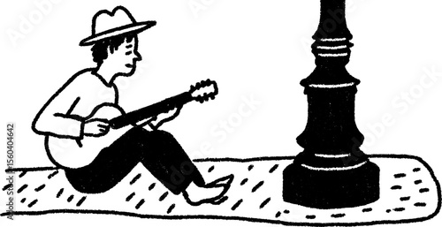 Street musician sketch near a lamppost for artistic design and decor