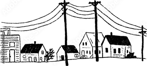 Hand drawn street view with utility poles and houses - urban landscape concept