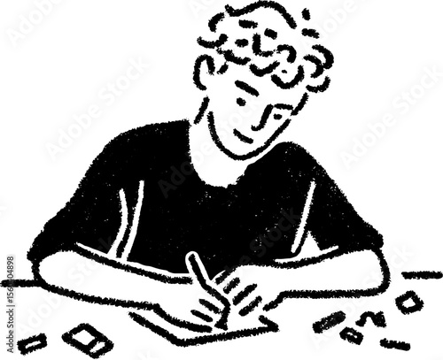 Student engaged in drawing at desk with eraser - creative study scene