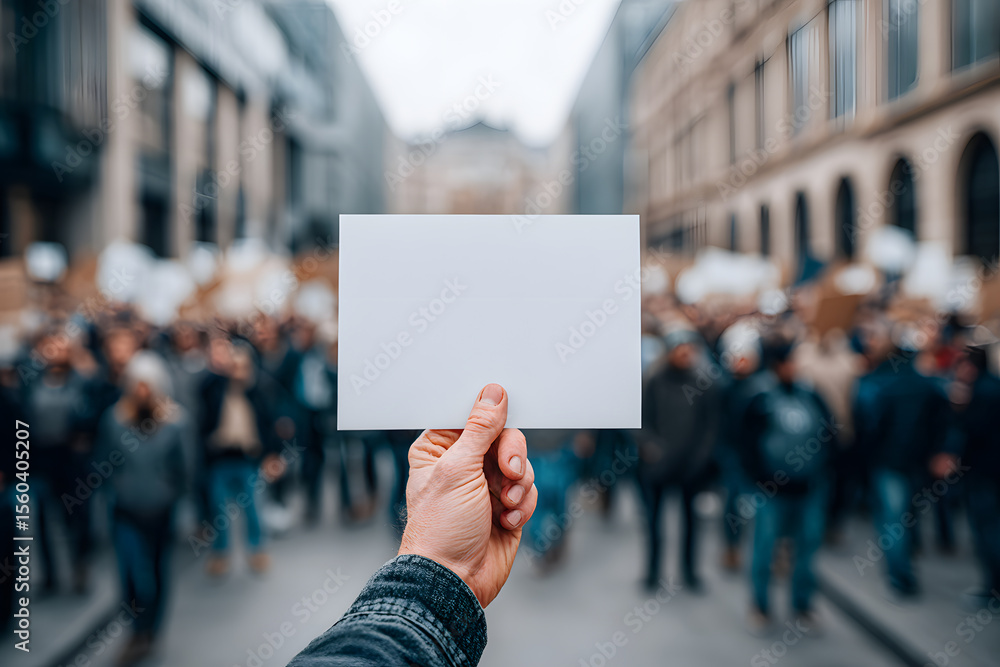 Individuals participate in a demonstration, raising blank signs in a lively urban environment filled with supporters Individuals participate in a demonstration, raising blank signs in a lively urban environment filled with supporters