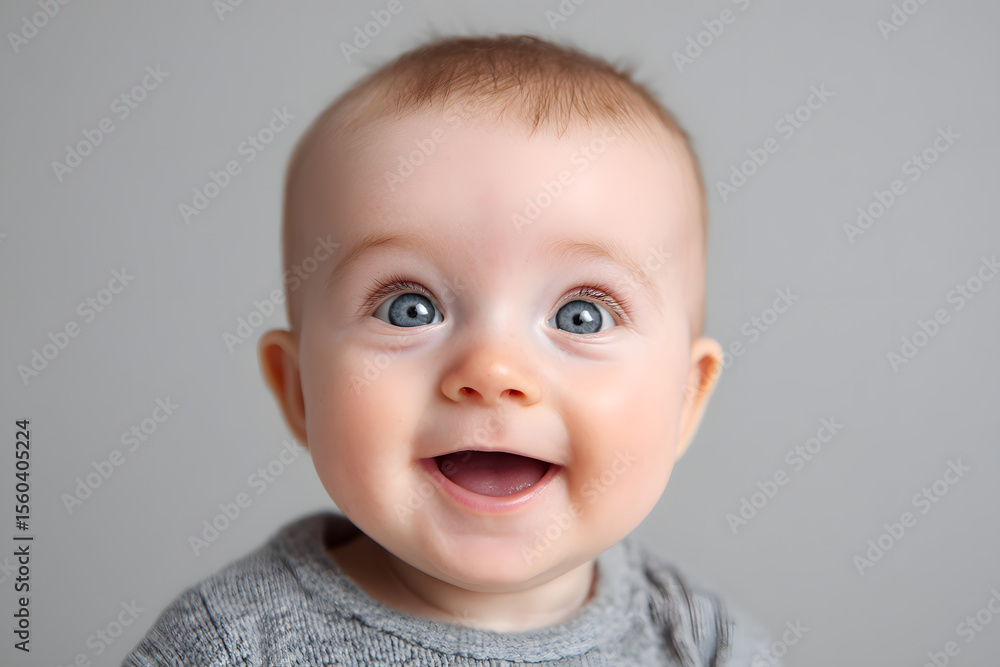 A baby with blue eyes and light brown hair smiles joyfully, showcasing happiness and innocence in a cozy indoor setting A baby with blue eyes and light brown hair smiles joyfully, showcasing happiness and innocence in a cozy indoor setting