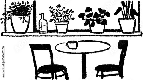 Cozy café interior sketch with sunlit plant pots for creative design inspiration
