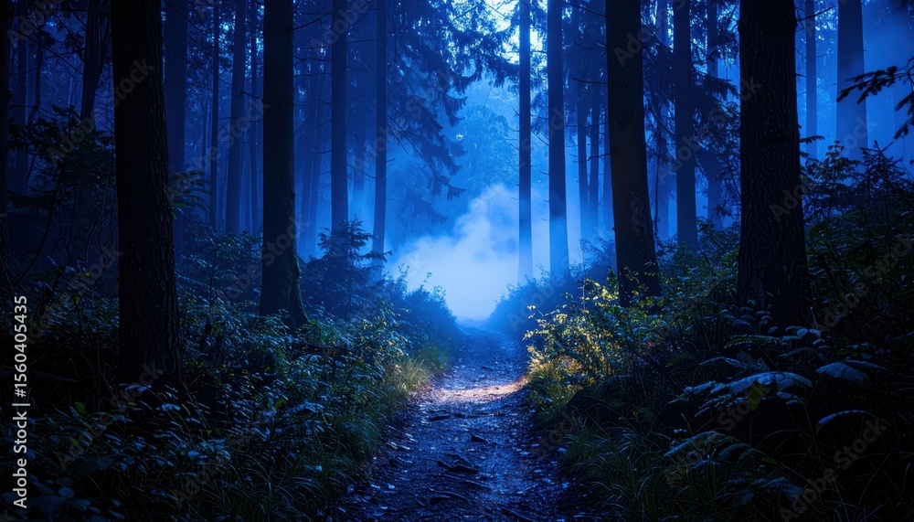 Obraz premium Mystical Blue Twilight Forest Trail with Rising Steam and Glistening Path