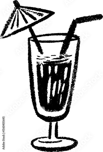 Hand-drawn cocktail glass with umbrella in chalk style for summer