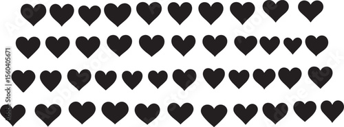Black heart shapes arranged in rows provide a versatile decorative element for web backgrounds and greeting cards.