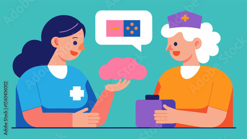 A devoted nurse spends time playing memory games and engaging conversation with a patient with vascular dementia to improve their cognitive function.. Vector illustration