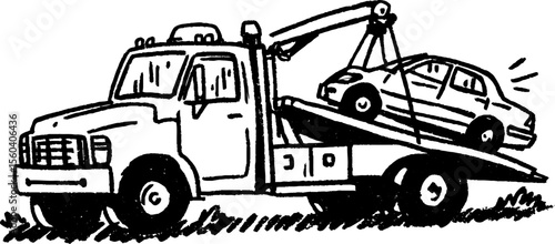 Tow truck lifting broken down car sketch for repair and assistance themes