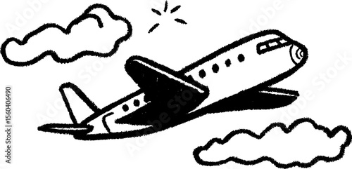 Hand-drawn sketch of a toy airplane with simple wings and clouds