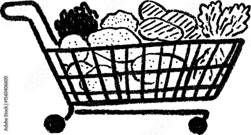 Hand drawn sketch of toy shopping cart filled with toy food