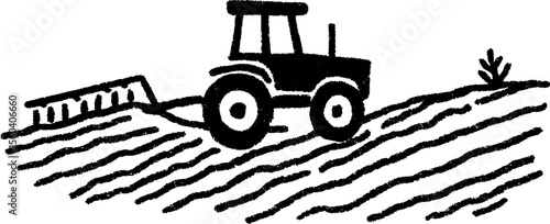 Rustic sketch of tractor by ploughed field for agricultural design and rural themes