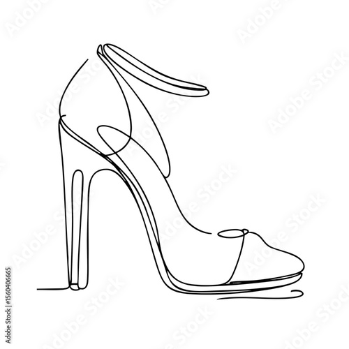High-heeled pump with ankle strap in a minimalist single line style in black and white for chic fashion design