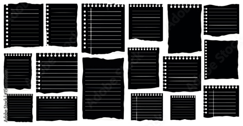 Collection of black silhouette torn paper sheets with lines and spiral binding holes on a white background