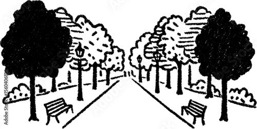 Sketch of tree-lined boulevard with benches for urban design and landscape concept