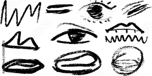 Abstract eye expressions in bold crayon lines with textured scribbles