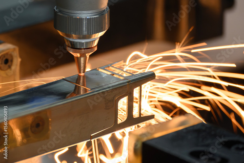 Close up scene the fiber laser cutting machine cut the square shape stainless steel tube with sparkling light.