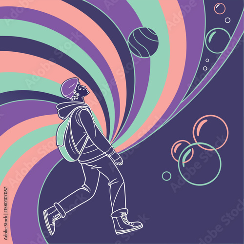 Person walking with backpack looking up at colorful swirls and bubbles in a retro style illustration