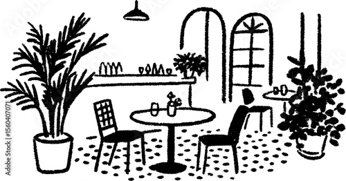 Vintage cafe interior sketch with tiled floor for design and decor concepts