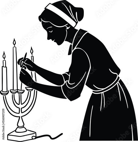 Woman Lighting Candles Silhouette Vector Illustration