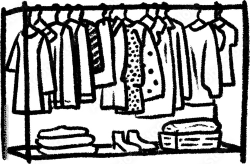 Hand-drawn sketch of a walk-in wardrobe with clothes and accessories