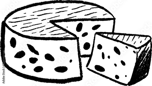 Rustic sketch of aged cheese wheel with wedge cut for gourmet design