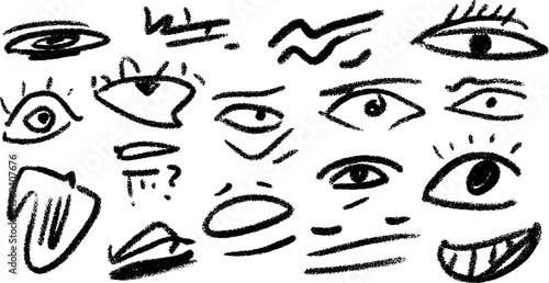Expressive eye sketches featuring wide, sleepy, and angry expressions for creative design inspiration